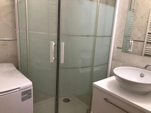 une salle de bain avec une douche en verre et un lavabo dans l'établissement Direct sea access, patio, lawn, private parking Reservations Saturday to Saturday only, à Saintes-Maries-de-la-Mer