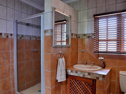 a bathroom with a sink and a shower and a mirror at Winterfell Lephalale Lodge in Lephalale