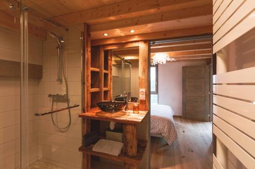 ein Bad mit einer Dusche, einem Waschbecken und einem Spiegel in der Unterkunft La Plagne Tarentaise : Chalet Mériers in La Plagne Tarentaise