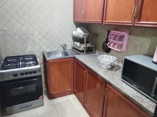 Il comprend une petite cuisine équipée d'une cuisinière et d'un évier. dans l'établissement العين الهيلي مصباح بيت 8, à Al-Aïn