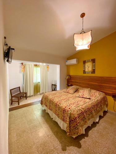 a bedroom with a bed and a chandelier at Hotel Complejo Najul Suites-Solo Adultos in Mina Clavero