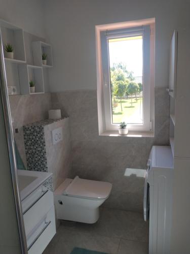 a bathroom with a toilet and a window at Domek dwupoziomowy 