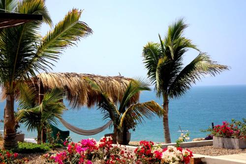 a view of the beach with palm trees and flowers at casaNorte paraíso norteño mirador de Ballenas in Canoas de Punta Sal