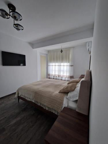 a bedroom with a large bed and a window at Raluca cozy apartment's in Ploieşti