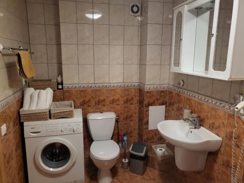 y baño con lavamanos y lavadora. en Apartamentai Taikos 10-36 Nida en Nida