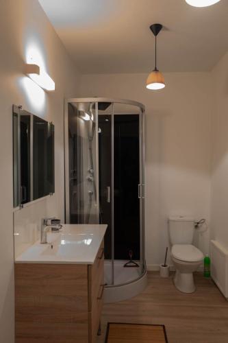 une salle de bain avec un lavabo, une douche et des toilettes dans l'établissement La Frégate, au Tréport