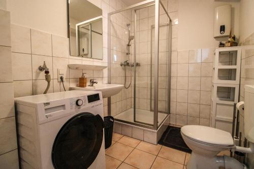 a bathroom with a washing machine and a sink at Moderne FeWo SKY Netflix Terrasse Burgblick Boxspringbett Waschtrockner in Bullay