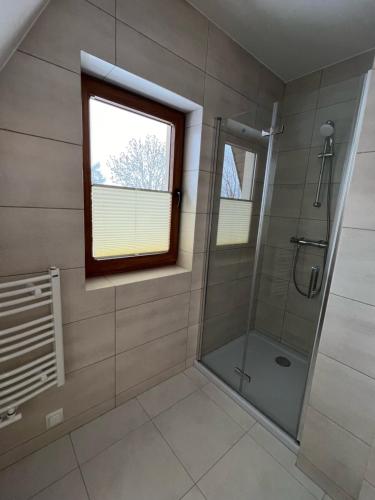 a bathroom with a shower and a window at Rozetka in Białka Tatrzańska