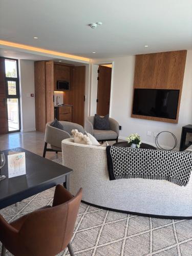 a living room with couches and a flat screen tv at Vergenoegd Löw Boutique Hotel & Spa in Cape Town