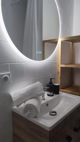 um lavatório de casa de banho com um espelho e uma toalha em Charmant T1Bis rénové avec goût em Rodez