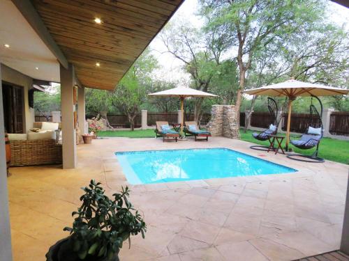 une piscine avec deux parasols et une terrasse dans l'établissement Wild Dog Guest Lodge, à Hoedspruit