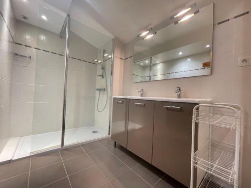 une salle de bain avec douche et lavabo dans l'établissement CHALET DES HAUTS SAPINS LA BRESSE, à La Bresse