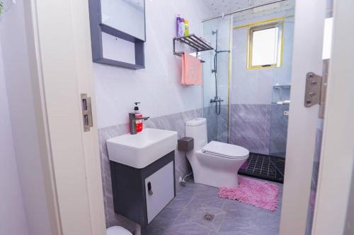 a bathroom with a sink and a toilet and a shower at The Gold Park 2 bedroom Kilimani in Nairobi