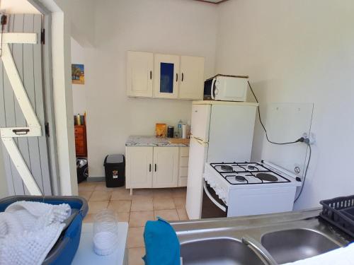 kuchnia z białą lodówką i kuchenką w obiekcie maison du phare w mieście Vieux-Fort
