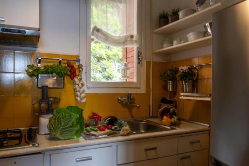 a kitchen with a sink and a window at Casa Isola in Bergeggi