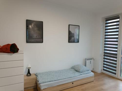 a bedroom with a bed and two pictures on the wall at Apartament Sienkiewicza in Starachowice