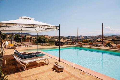 a swimming pool with a umbrella and a chaise lounge next to it at Agricola La Casetta in Montefiore dellʼAso