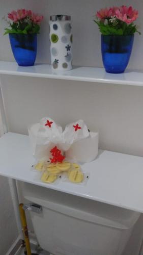 a shelf with three vases on top of a toilet at Casa para la familia in Boca Chica