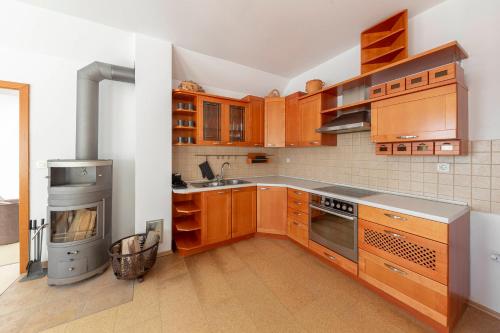 a kitchen with wooden cabinets and a stove at Guest House Štruc in Slovenj Gradec