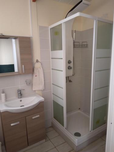 W łazience znajduje się prysznic i umywalka. w obiekcie MERSINERA Paradise Garden 2 w Larnace