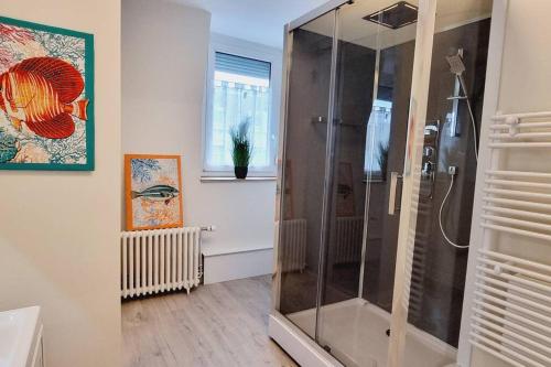 uma casa de banho com um chuveiro e uma porta de vidro em *Villa Marine*La Vigie - Duplex em Coudekerque-Branche