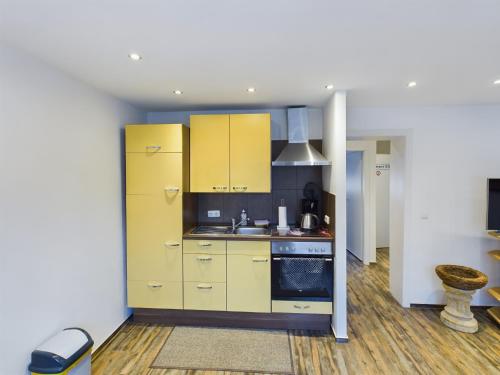 eine Küche mit gelben Schränken und einem Waschbecken in der Unterkunft Alsdorf 3 in Alsdorf