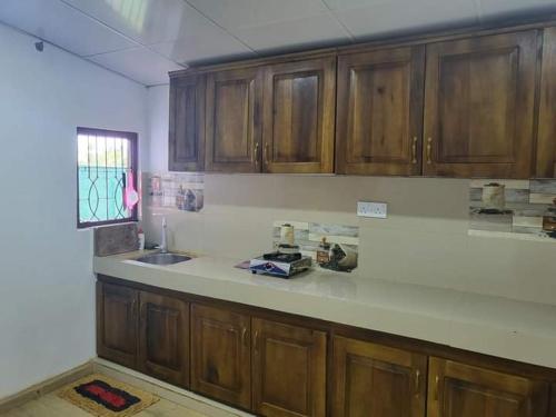 a kitchen with wooden cabinets and a counter top at Kumbuk Sewana Villa in Anuradhapura