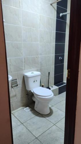 a bathroom with a toilet and a shower at Delight Stays in Thika