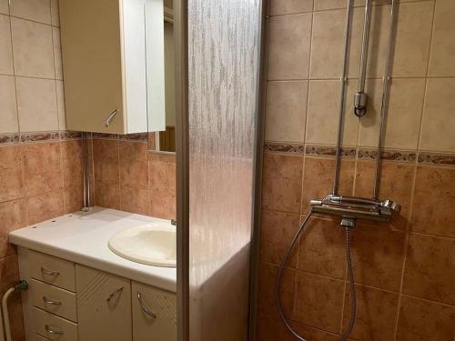a bathroom with a sink and a shower at Apartment Isokatu2 in Kokkola