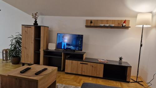 Stan na dan Apartman S في بوزاريفاتش: غرفة معيشة مع تلفزيون بشاشة مسطحة على طاولة