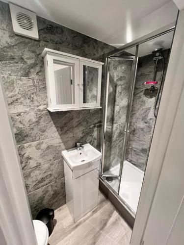 a bathroom with a toilet and a sink and a shower at Central Colwyn Bay F1 in Colwyn Bay