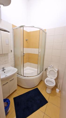 a bathroom with a shower and a toilet and a sink at Your Prague Home in Prague