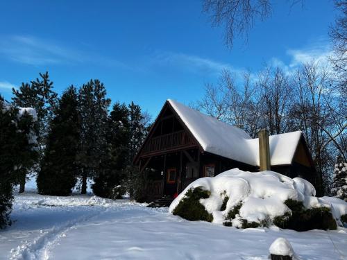 una cabaña cubierta de nieve con un montón de nieve en Domek Pod Lasem 