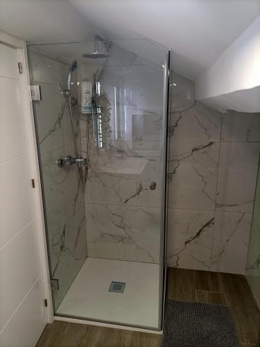 een badkamer met een douche en een glazen deur bij Apartamento Gran Vía Madrid W2 in Madrid