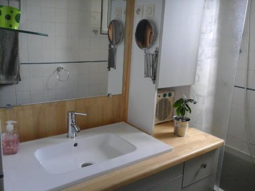 een badkamer met een wastafel en een witte kast bij Chambre D'hôte De La Rotterie in Saint-Mars-dʼOutillé