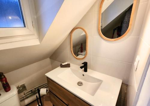 une salle de bain avec un lavabo et deux miroirs dans l'établissement Le 6ème ciel de Gutenberg - climatisé, à Tours