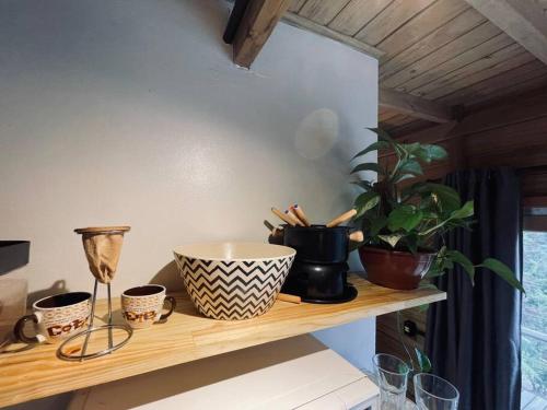 a shelf with cups and a plant on it at Vila Dos Cedros in Rio dos Cedros