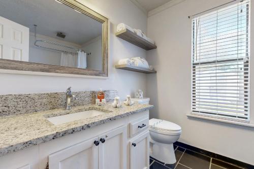 uma casa de banho com um lavatório, um WC e um espelho. em Hawks Hollow Hideaway em Jacksonville