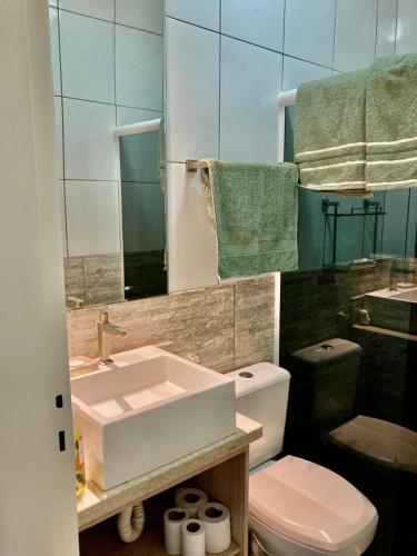 a bathroom with a sink and a toilet and a mirror at Casa centro Falls in Foz do Iguaçu