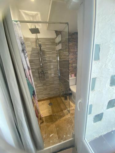 a bathroom with a shower with a glass door at Studio 20 m2 meublé à 50 m de la Gare in Sète