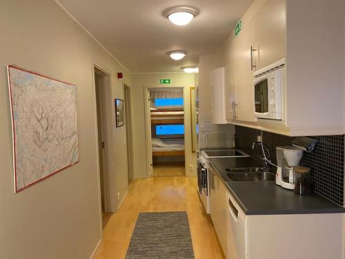 a kitchen with a sink and a counter top at Fjäll-lägenhet med fantastisk utsikt in Riksgränsen