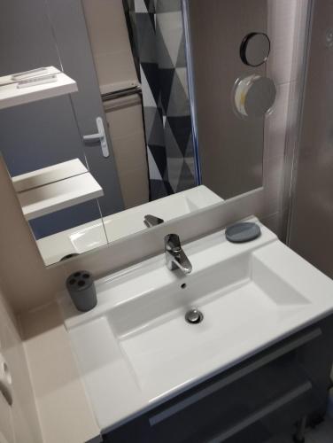 La salle de bains est pourvue d'un lavabo blanc et d'un miroir. dans l'établissement Le charme de Cabourg, à Cabourg