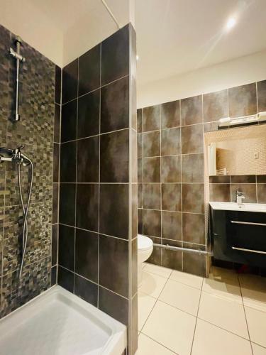 une salle de bain avec une douche, des toilettes et un lavabo dans l'établissement Gympie : joli studio cosy en centre-ville, à Draguignan