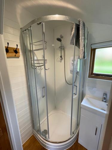 a shower in a bathroom with a sink at Wimbish Hall Cabins in Wimbish
