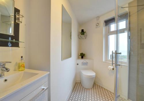 a bathroom with a sink and a toilet and a window at Fourwinds in Towyn