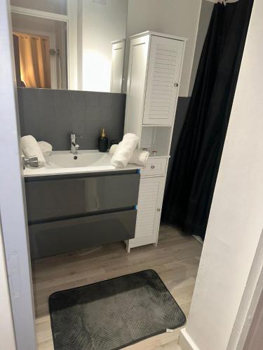 une salle de bain avec un lavabo et un miroir dans l'établissement Appartement entier vue dégagée avec parking, à Montpellier