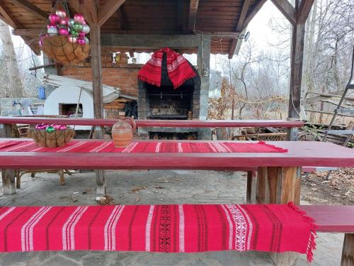 a picnic table with a red blanket on top of it at Paradisul Verde al Nathaliei in Cornu de Jos