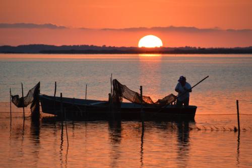 uma pessoa em um barco na água ao pôr do sol em Le Stanze di Ricci - Affittacamere Low cost em Lesina