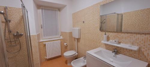 La salle de bains est pourvue de toilettes, d'un lavabo et d'une douche. dans l'établissement B&B Monastero, à Dubino