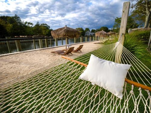 a hammock on a beach with a view of the water at Aqua by American Beech - Adults Only in Aquebogue